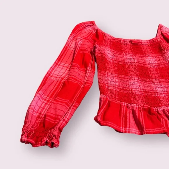 Thereabouts Charming Red And Pink Plaid Smocked Girls Blouse Size XS 6-6X - Picture 2 of 9